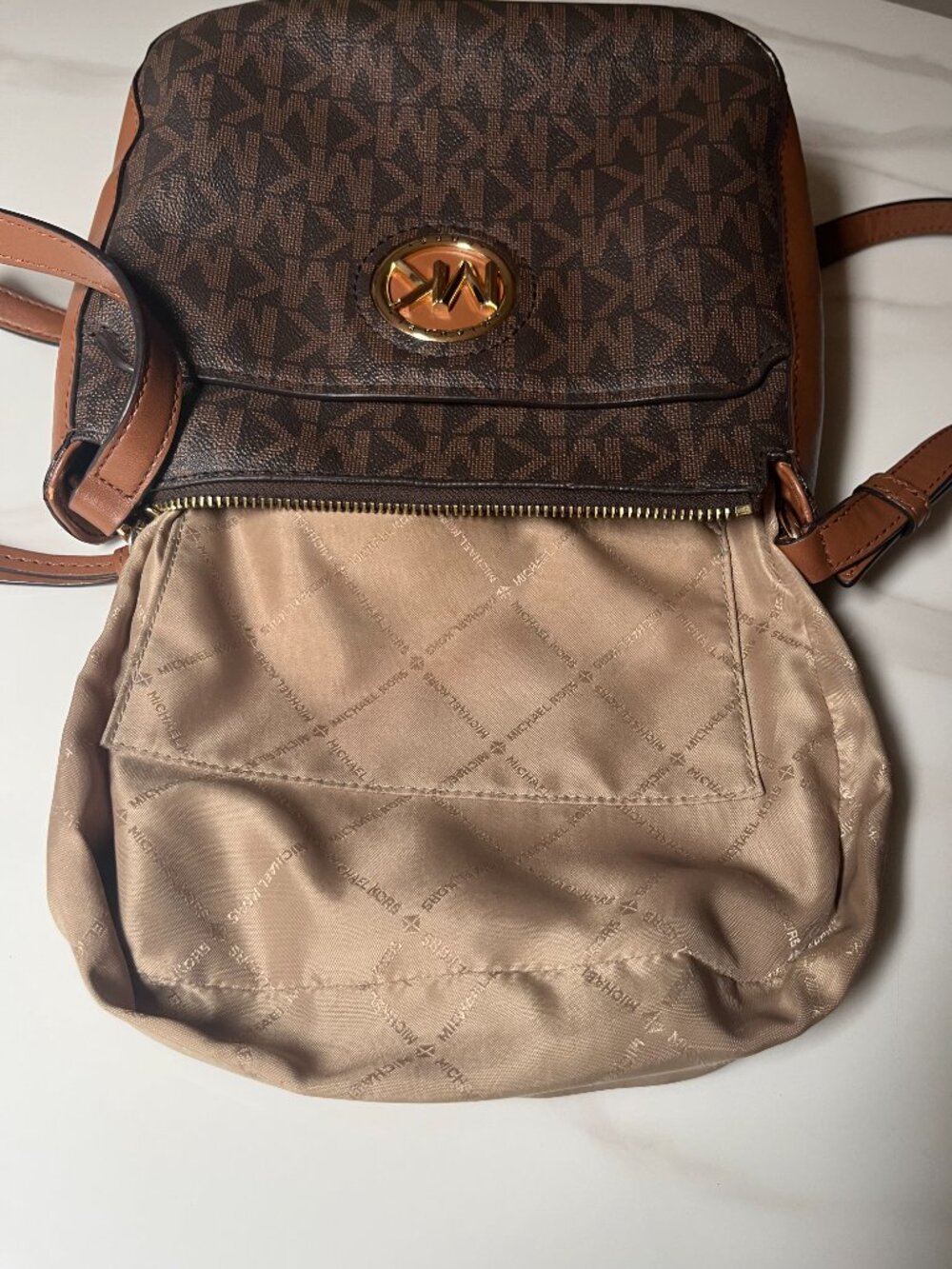 Michael Kors Signature MK Logo Shoulder Bag Brown Tan Leather - Like New - Picture 13 of 13